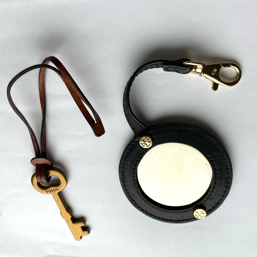Tory Burch Black Leather Mirror/Bag Charm + Fossil Brass Leather Key Bag Charm